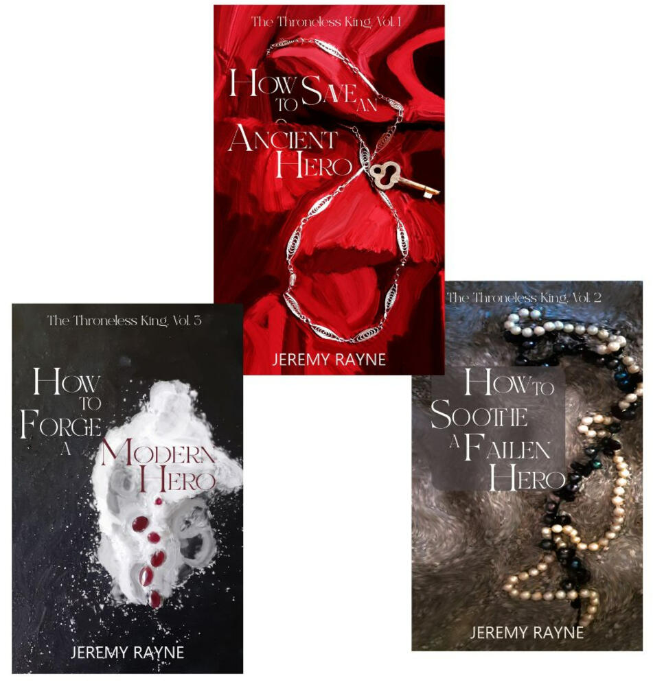 The covers of three books. How to Save an Ancient Hero: on a background of lustrous red fabric, a chain and a key. How to Soothe a Fallen Hero: on a background of wet sand, a strand of white pearls and a strand of black pearls. How to Forge a Modern Hero: